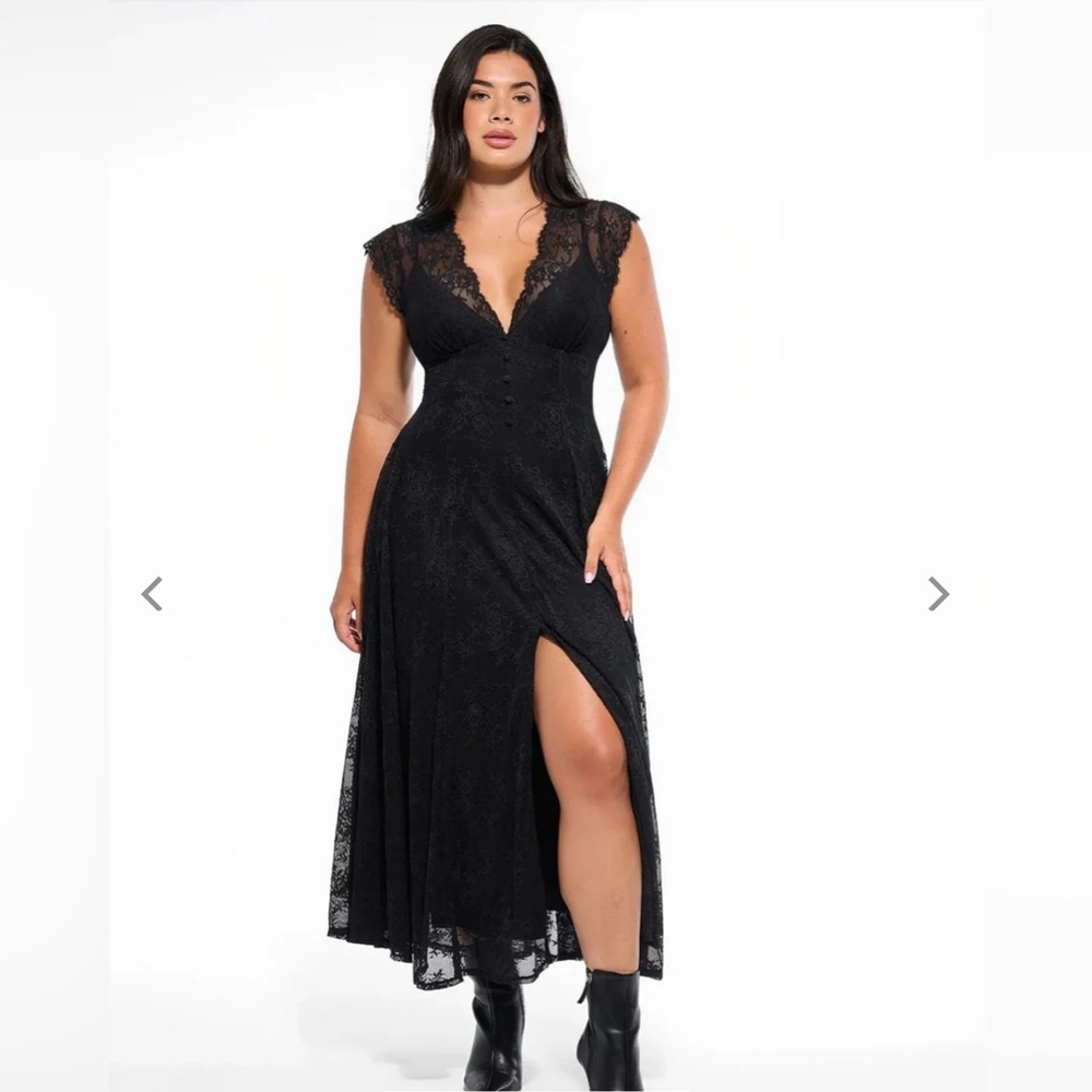 Solid Black Lace V-Neck Maxi Dress, Cap Sleeves, nwt, Med, Polpilush, Shapewear